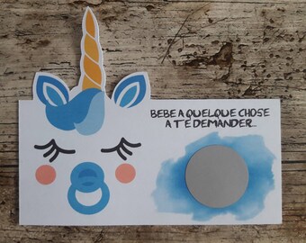 carte  à  gratter parrain demande   "veux- tu être mon  parrain ?" Thème  licorne