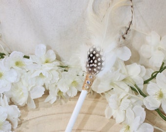 Wooden hairpick and white feathers, wedding, ethnic, fantasy