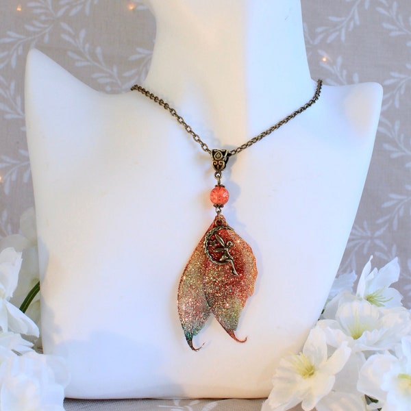 Collier, pendentif, "ailes de fée orangées" fantastique, fantaisie