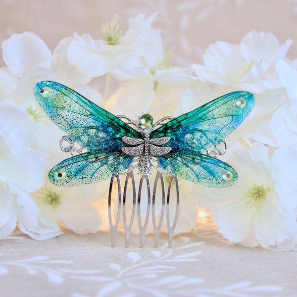 Petit peigne décoratif ailes de fée libellule turquoises et vertes, féérique, fantastique, fantaisie