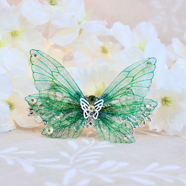 Barrette/pince à cheveux "fée papillon verte" féérique, fantastique, elfique, fantaisie