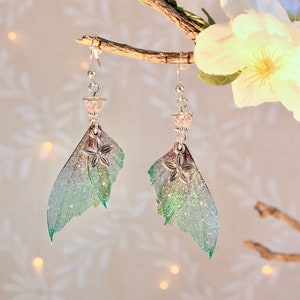 Earrings "green and pink fairy wings" magical fantasy fantasy