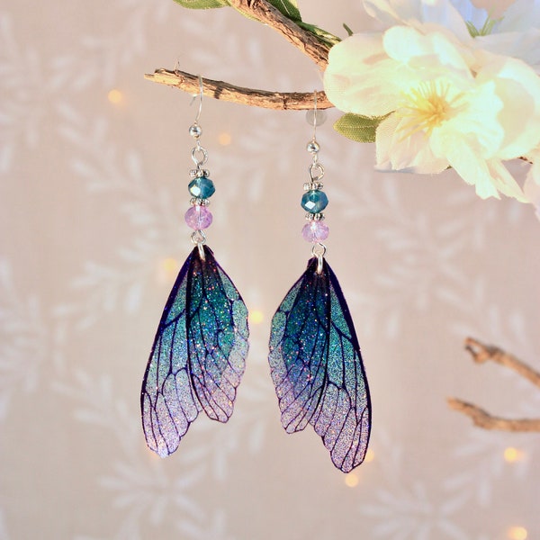 Boucles d'oreilles ailes de fée dégradées turquoise et parme, féerique fantastiques