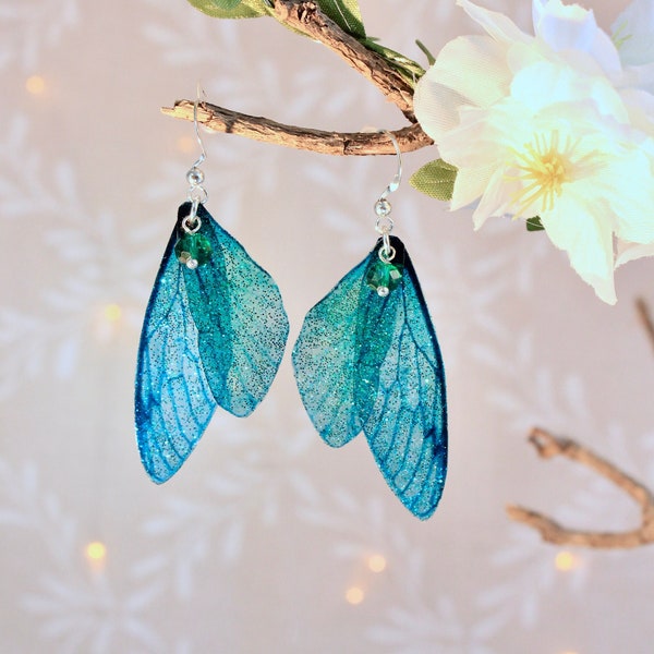 Boucles d'oreille "ailes de fée turquoises" fantaisie, féerie, fantastique, elfique