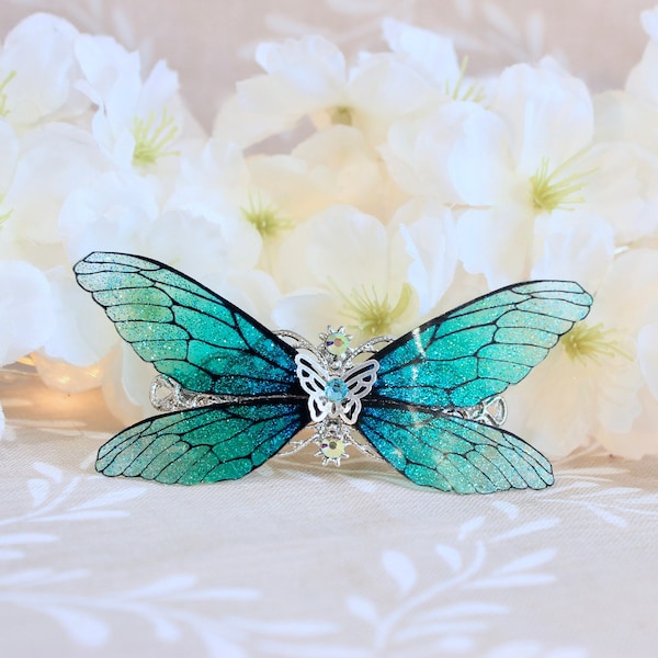 barrette/pince à cheveux "fée papillon bleue" féerique, rétro, fantastique