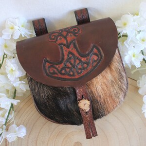 Escarcelle en cuir &quot;Mjöllnir&quot; médiéval, viking, marteau de Thor