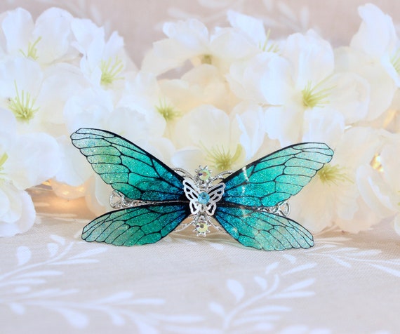 Vintage Hot Pink Rhinestone Filigree and  Blue Glitter Butterfly Hair Clips Vintage butterfly hair barrettes - Gem main image 4