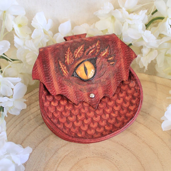 Small medieval, fantastic, fantasy "red dragon" leather purse