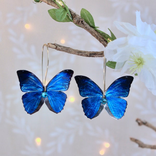 Boucles d'oreilles, dormeuses, papillons Morphos bleu