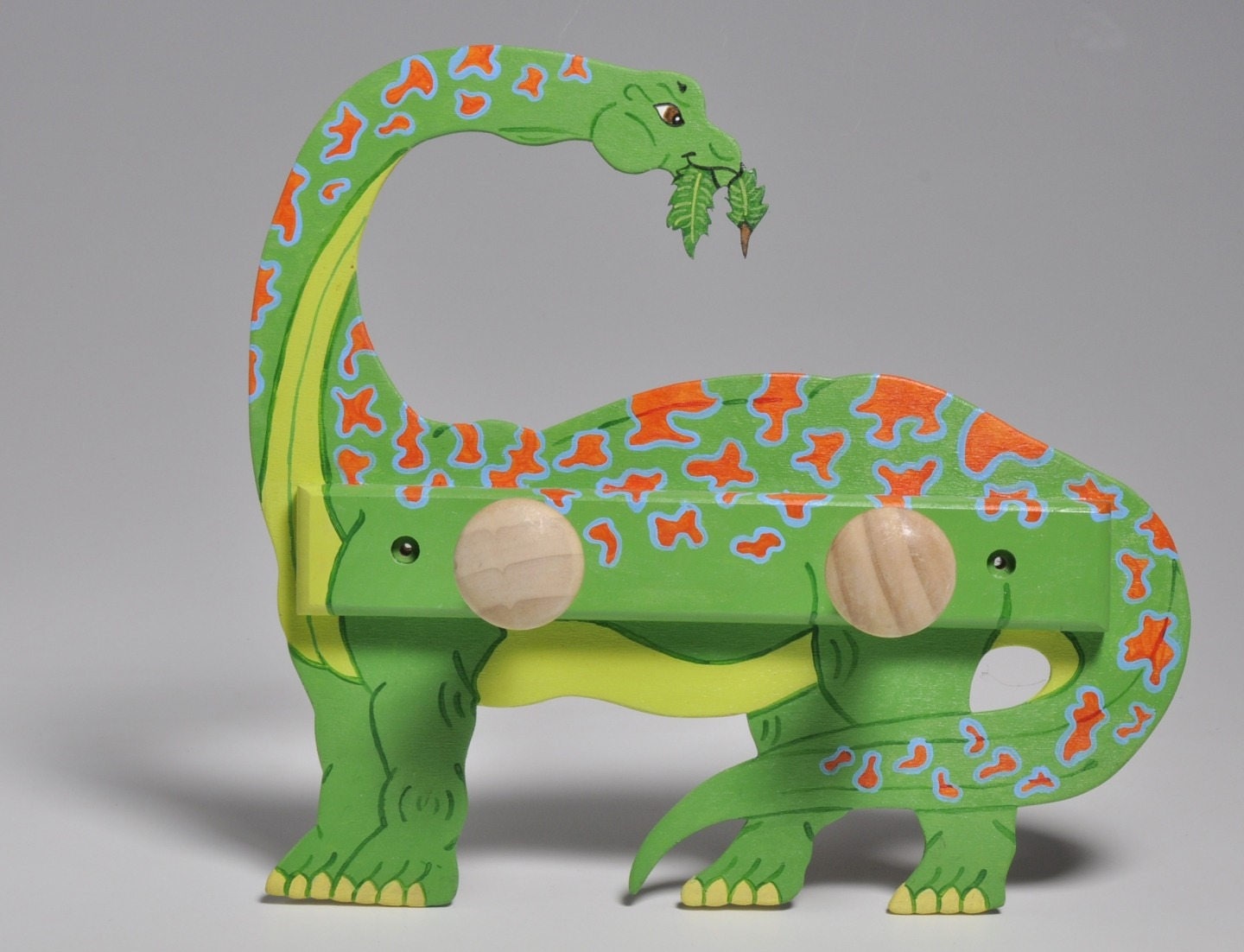 Porte-Manteaux, Dinosaure, Long Cou, Diplodocus, en Bois Vert et Orange, Décoration Enfants