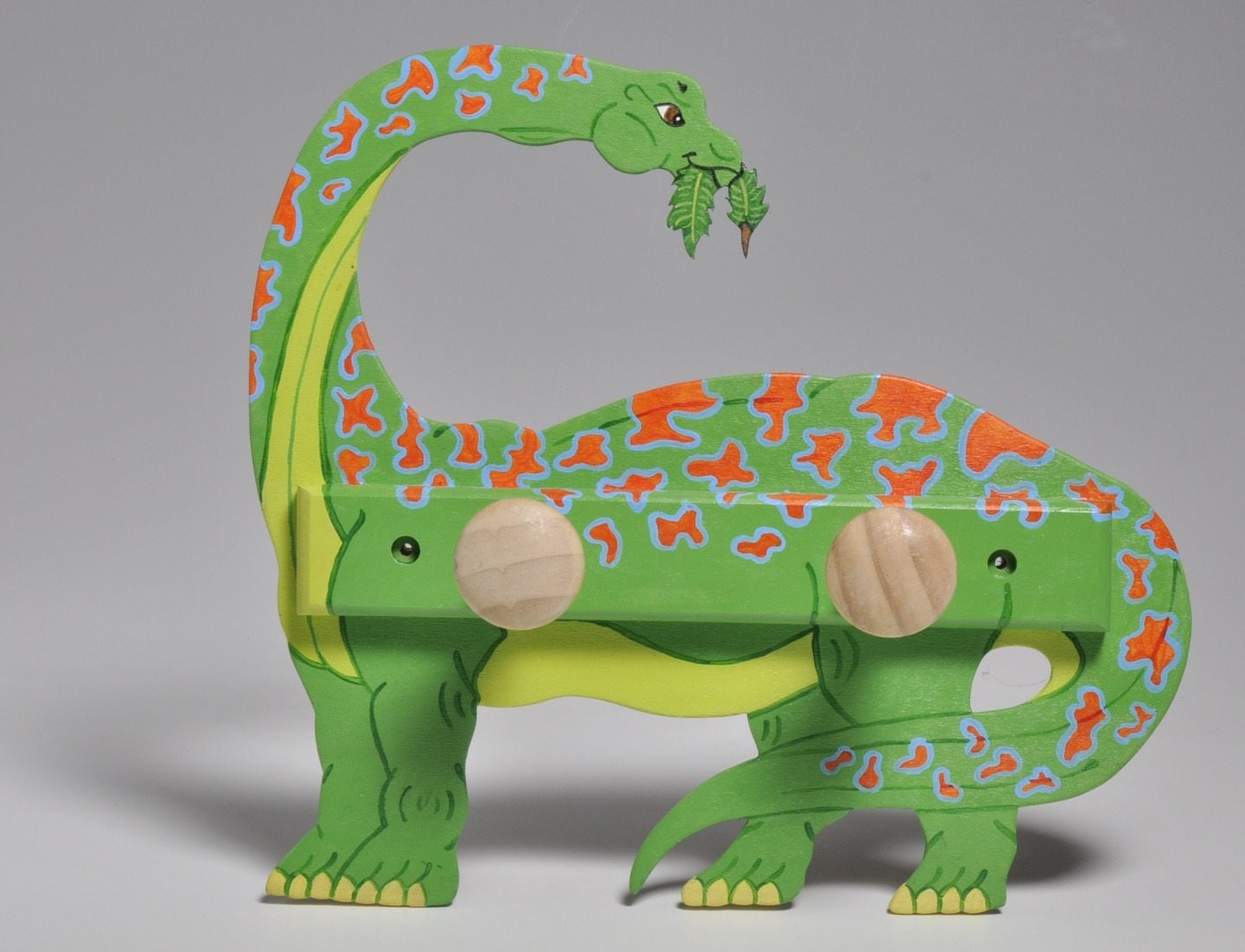 Porte-Manteaux, Dinosaure, Long Cou, Diplodocus, en Bois Vert et Orange, Décoration Enfants