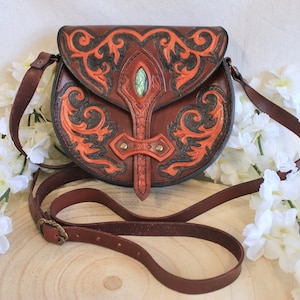 Medieval, baroque, fantasy leather handbag "floral and labradorite patterns"