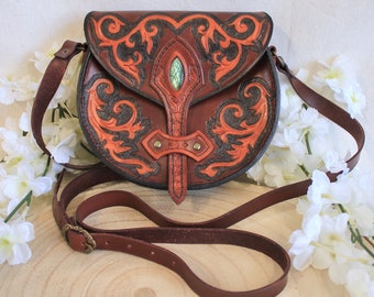 Leather handbag "floral patterns and labradorite" medieval, baroque, fantastic