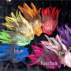 May include: A selection of dyed feathers in various colours, including yellow, green, blue, orange, red, fuchsia, pink, and purple. Each feather is labelled with its colour. The feathers are displayed on a dark, textured background.