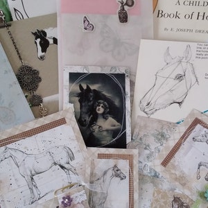 Puede incluir: Una colecci&oacute;n de objetos ef&iacute;meros con tem&aacute;tica de caballos, que incluye p&aacute;ginas de libros antiguos, dibujos y tarjetas decorativas. Los art&iacute;culos presentan ilustraciones de caballos, una herradura y los textos "Best Friend" y "Beauty". Tambi&eacute;n se ve un libro titulado "A Child's Book of Horses".