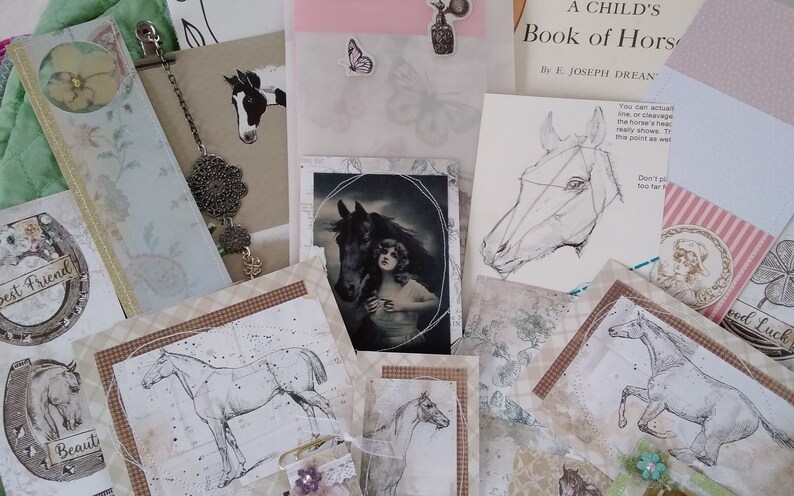 Puede incluir: Una colecci&oacute;n de objetos ef&iacute;meros con tem&aacute;tica de caballos, que incluye p&aacute;ginas de libros antiguos, dibujos y tarjetas decorativas. Los art&iacute;culos presentan ilustraciones de caballos, una herradura y los textos "Best Friend" y "Beauty". Tambi&eacute;n se ve un libro titulado "A Child's Book of Horses".