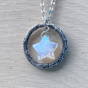 Rainbow Moonstone Star Pendant | Witch Necklace | Fairycore Pendant | Sterling Silver Branch | Cottagecore | White Crystal |