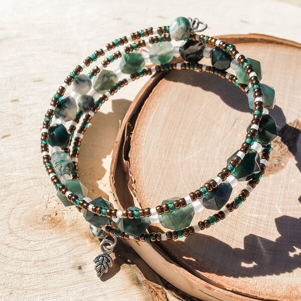 Moss Agate and Tree Agate Leaf Charm Beaded Bangle Bracelet | Witchy Bracelet