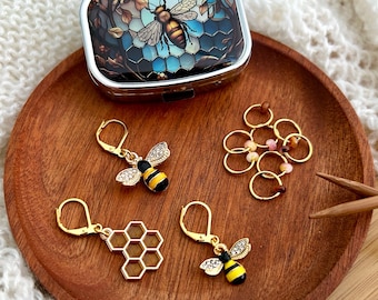 Bee Knitting Stitch Markers and Progress Keepers Set with Storage Tin, Accessories, Supplies, Tools, Gifts For Knitters.