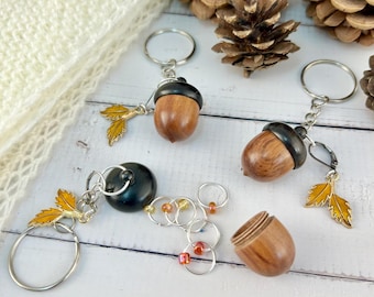 Tiny 1 inch Wooden Acorn Stitch Marker / Progress Keeper Holder Container Pot With Autumn Stitch Markers Knitting Notions Gift