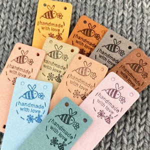 10 PU Pleather Faux Suede Labels “Hand Made” Bee Clothing Sew On Tags Handmade Labels for knitted Garments, sewing, crochet, Craft labels.
