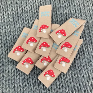 10 Mushroom Fabric Labels “Hand Made” With Love Clothing Sew In Tags Handmade Labels for knitted Garments, sewing, crochet, Craft labels.