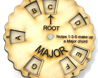 May include: A wooden circle with the letters A through G arranged in a circle. The letters are labeled with numbers 1 through 6. The circle is labeled "MAJOR" and "ROOT". The text "Notes 1-3-5 make up a Major chord" is also on the circle.