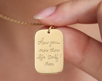 Dog Tag Rectangle Handwriting Necklace| Handwriting Necklace | Dog Tag Charm Necklace| Loved one's handwriting Necklace| Mother's Day Gifts