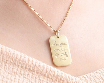 Dog Tag Rectangle Handwriting Necklace| Handwriting Necklace | Dog Tag Charm Necklace| Loved one's handwriting Necklace| Mother's Day Gifts