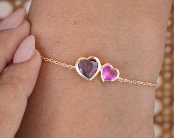 Birthstone Bracelet | Double Heart Personalized Jewelry in Sterling Silver