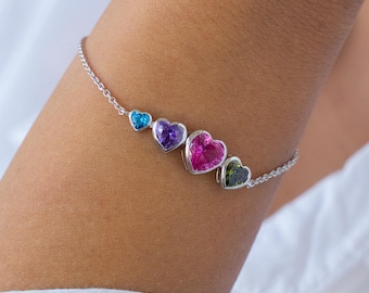Four Heart Family Birthstone Bracelet | Mother's Day Gifts | Sterling Silver