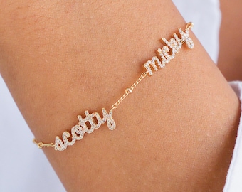 Personalized Family Name Bracelet with Ball Chain | White CZ Stones | Custom Multi Name Mom Jewelry Gift