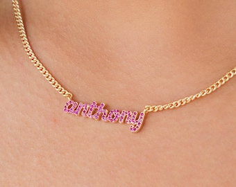 Pavé CZ Nameplate Necklace with Curb Chain | Gift for Daughter | 14K Gold Vermeil | Custom Name Bar Sparkle Jewelry for Teen