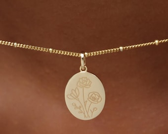 Custom Oval Birth Flower Necklace, Personalized Wedding Gift, Floral Name Necklace, Bridesmaid Jewelry Gift, Birthflower Necklace