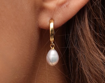Minimalist Teardrop Pearl Hoop Dangle Earrings By CodeBlue Jewelry - Christmas Gifts