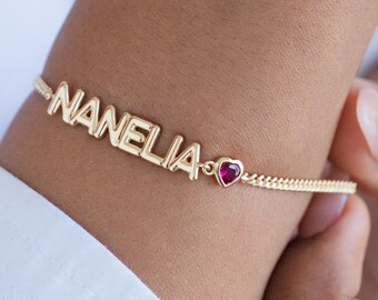 Custom Name Bracelet with Heart Birthstone Charm | Personalized Block Jewelry
