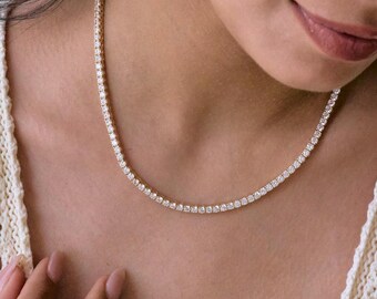 Diamond Tennis Chain Necklace – Dainty Choker Style, Moissanite, Cubic Zirconia