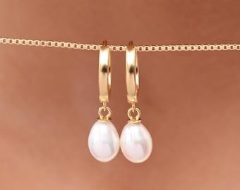 Minimalist Teardrop Pearl Hoop Dangle Earrings By CodeBlue Jewelry - Christmas Gifts