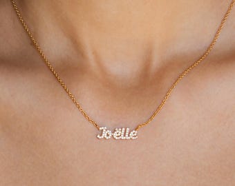 Sparkle Pavé CZ Nameplate Necklace with Cable Chain | Custom Name Bar for Teen Girls