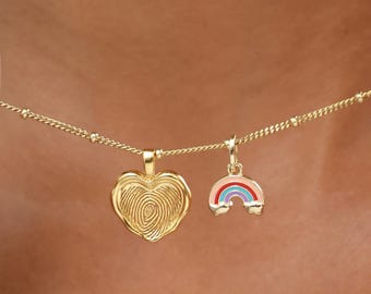 Personalized Heart Fingerprint Necklace With Rainbow Charm| Actual Thumbprint | Memorial Gift | Sympathy Gift for Her