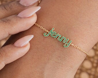 Personalized Birthstone Name Bracelet | Custom Script Name Jewelry | Sterling Silver Name Bracelet |Gift for Her