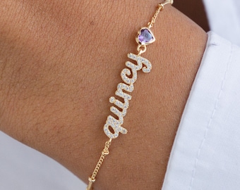 Custom Name Bracelet Ball Chain | Heart Birthstone Charm | Personalized Script Jewelry Gifts for Her