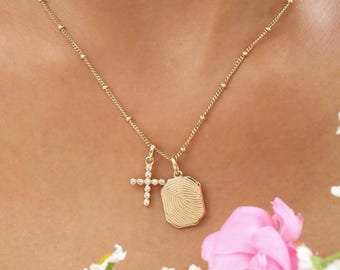 Custom Fingerprint Dog Tag Necklace With Cross Charm | Thumbprint Necklaces | Handwriting Jewelry | Memorial Gift | Christmas Gifts