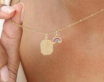 Custom Fingerprint Dog Tag Necklace With Rainbow Charm | Thumbprint Necklaces | Handwriting Jewelry | Memorial Gift | Christmas Gifts