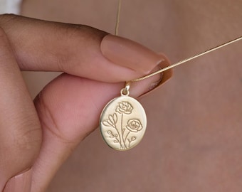 Custom Oval Birth Flower Necklace, Personalized Wedding Gift, Floral Name Necklace, Bridesmaid Jewelry Gift, Birthflower Necklace
