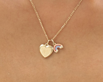 Custom Fingerprint Heart Necklace With Rainbow Charm | Thumbprint Necklaces | Handwriting Jewelry | Memorial Gift | Christmas Gifts