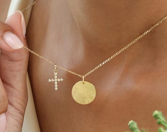 Circle Fingerprint Necklace With Cross Charm | Fingerprints Jewelries | Mother's Day | Christmas Gifts
