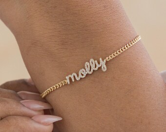 Personalized Páve Name Bracelet With Curb Chain | Custom Script Name Jewelry | Gift for Her