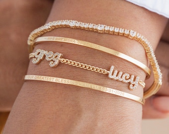 Dainty Family Name Bracelet Curb Chain | White CZ Stones | Custom Multi Name Couple Bracelet