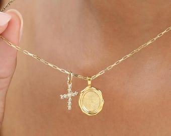 Oval Fingerprint Necklace With Cross Charm | Sympathy Memorial Gift | Sterling Silver | Actual Thumbprint | Grief Keepsake Jewelry